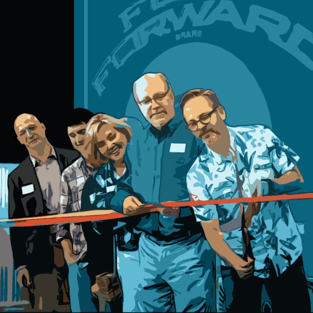 Illustrated version of photo of Rick cutting ribbon with board members